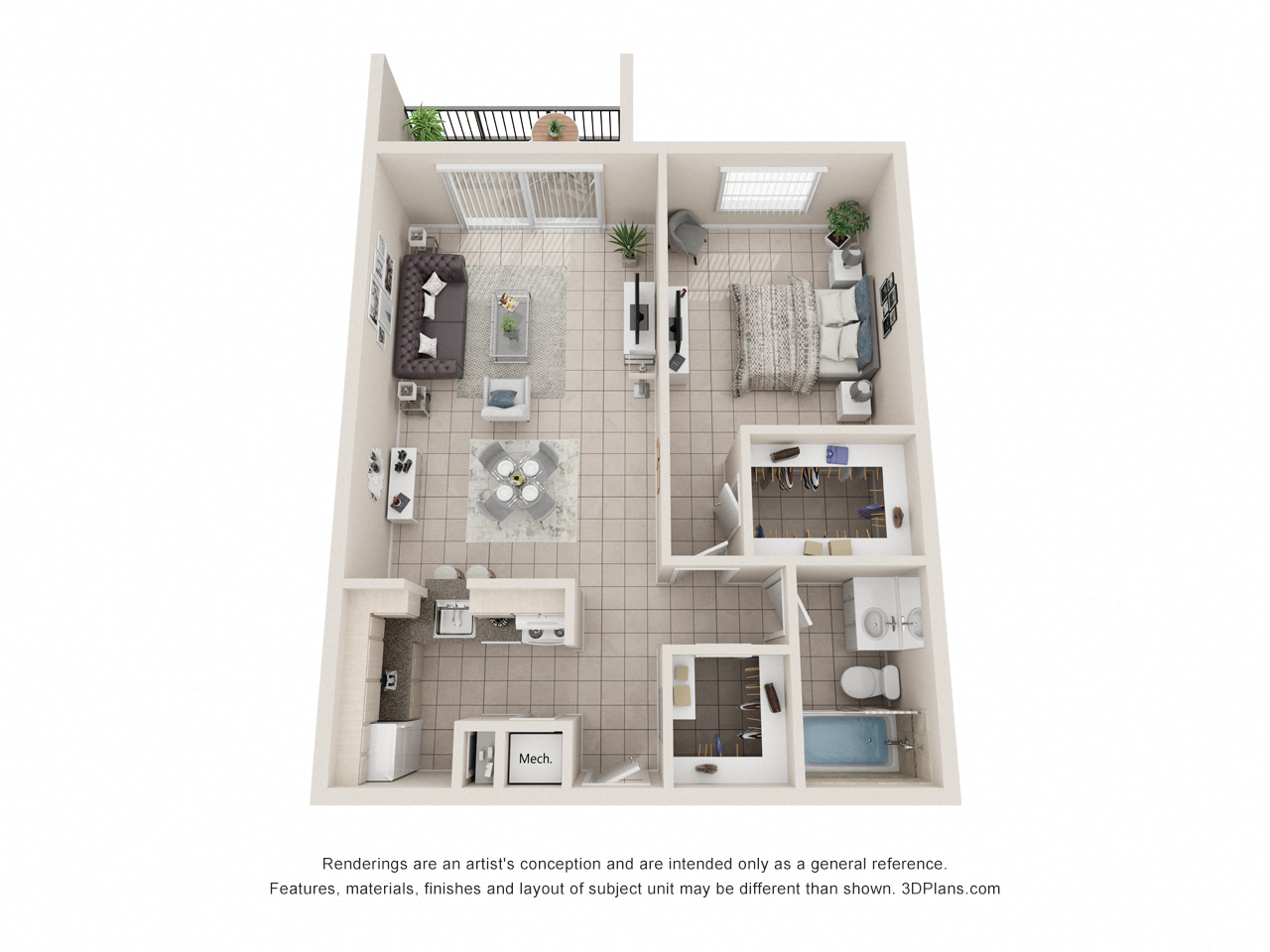 Floor plan for 1 bed, 1 bath, 754 sqft